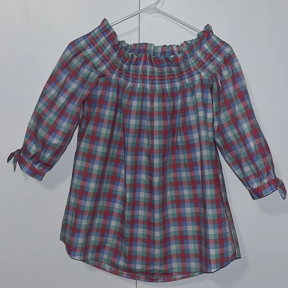 Kate Spade Madras Off Shoulder Top Blouse 3/4 Sleeve Pink Blue Gingham XXS
